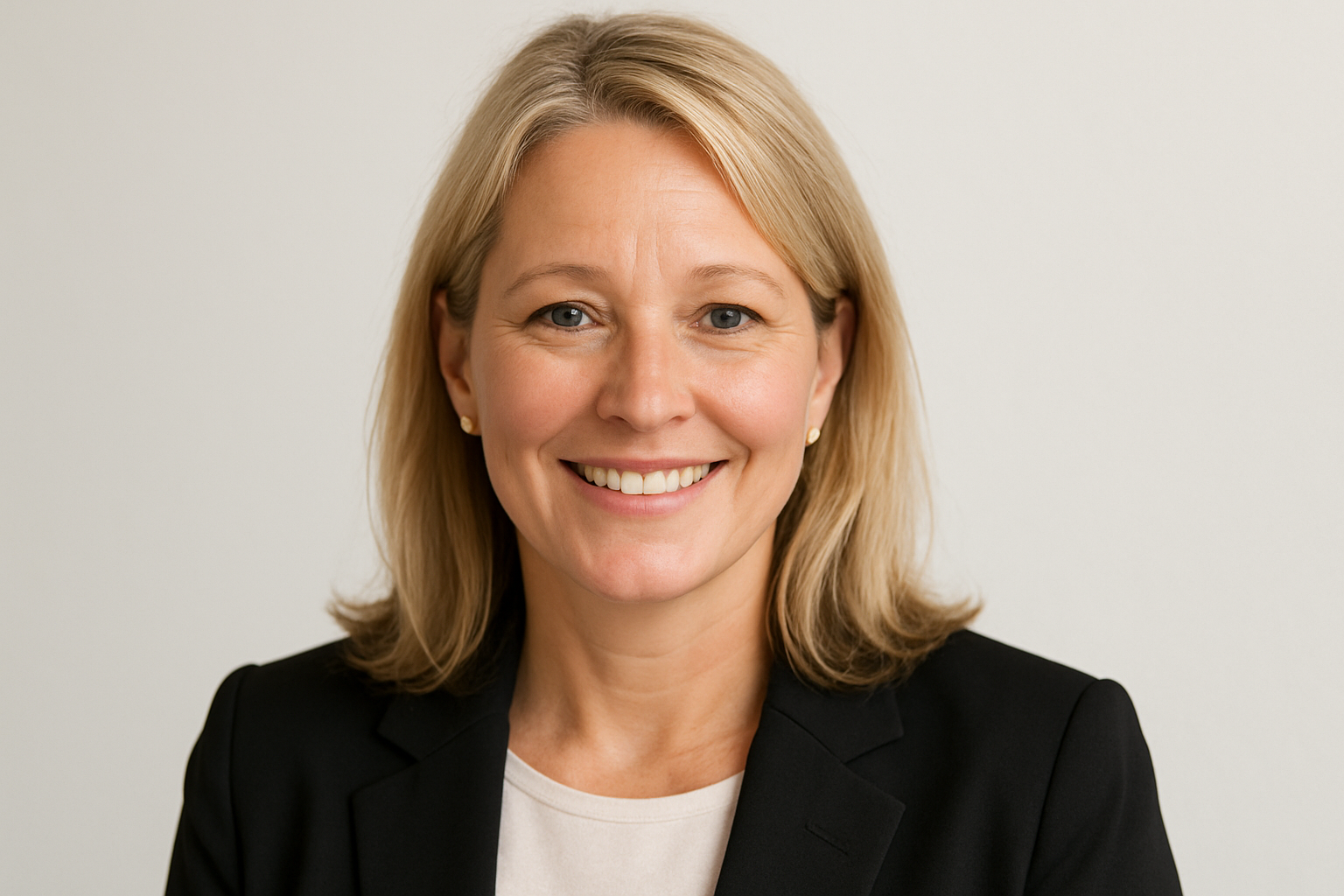 een profiel foto van een 45 jarige vrouw ment blond haar voor een review