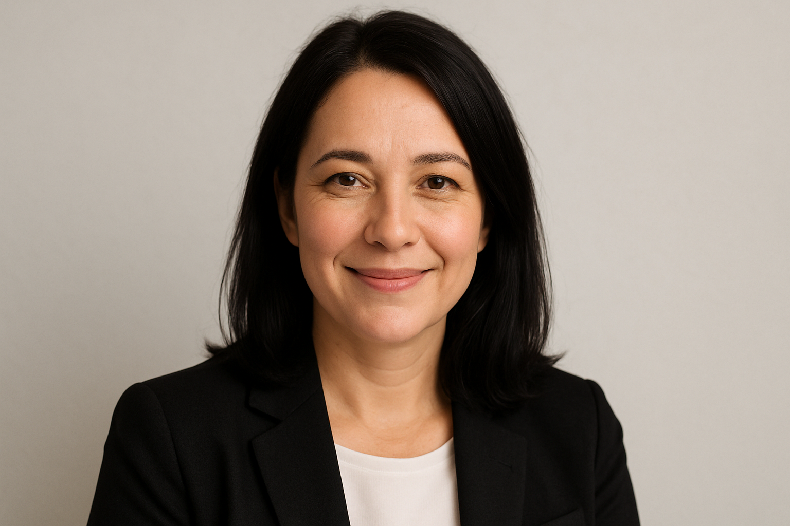 maak een profiel foto van een vrouw rond de 40 jaar met zwart haar voor een review