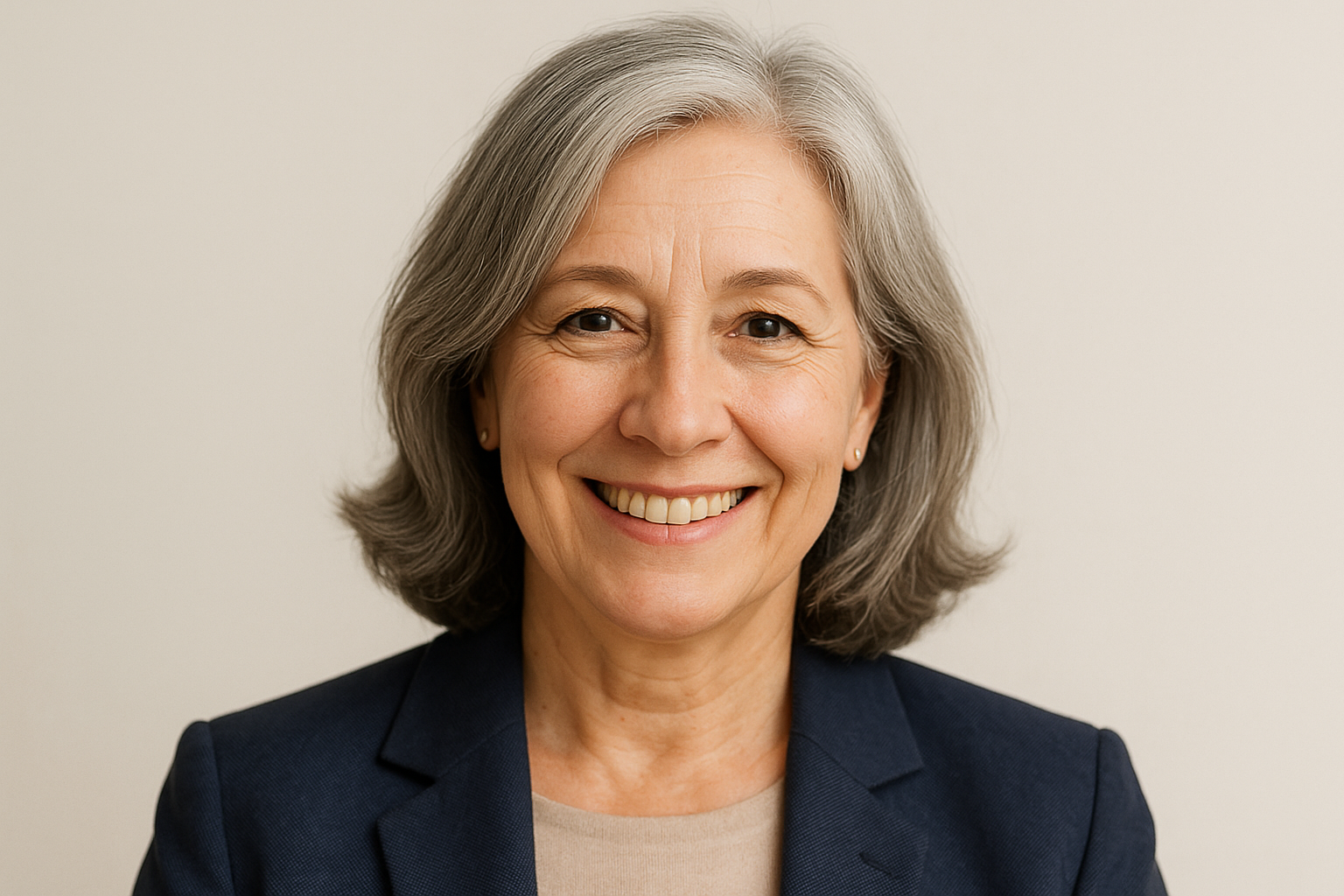 maak een profiel foto van een vrouw rond de 60 jaar met grijs haar voor een review